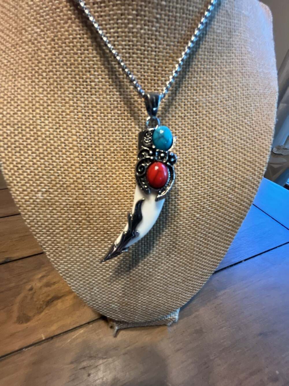 Tribal Wolf Fang Pendant Necklace With Turquoise And Red Stones
